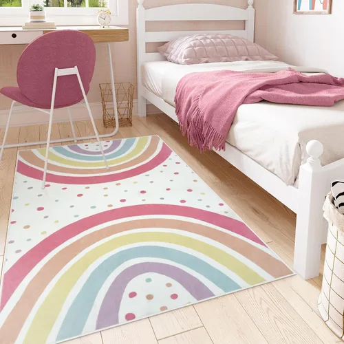 Miniatura 2 de STARUIA Alfombra lavable de arco iris para guardería de niñas, alfombra pequeña de 3 x 5 pies, alfombras de área coloridas para dormitorio de niños