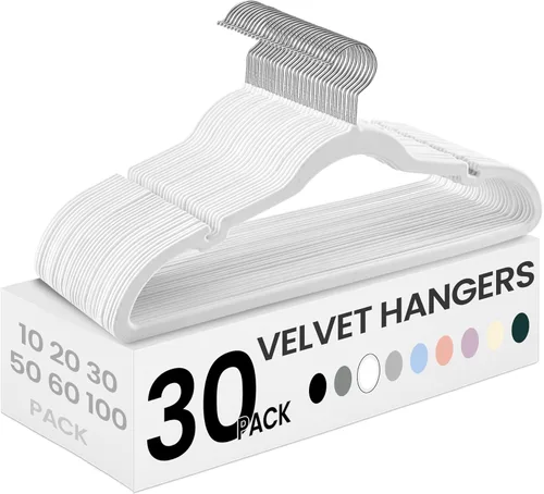 Miniatura 12 de SONGMICS Paquete de 30 perchas de terciopelo antideslizantes con muescas para el hombro, barra para pantalones, gancho giratorio de 360°, ahorro