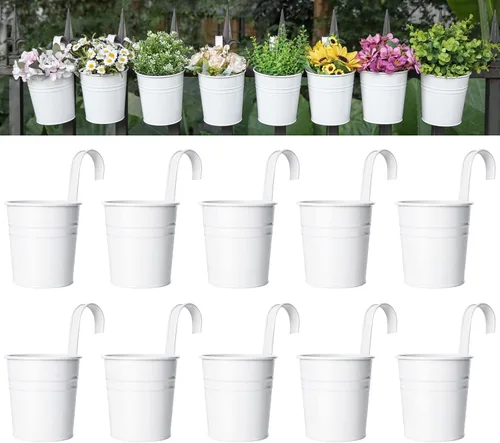 Dahey 10 macetas colgantes de metal y hierro para barandilla, balcón, jardín, decoración del hogar, soportes para flores con ganchos desmontables,