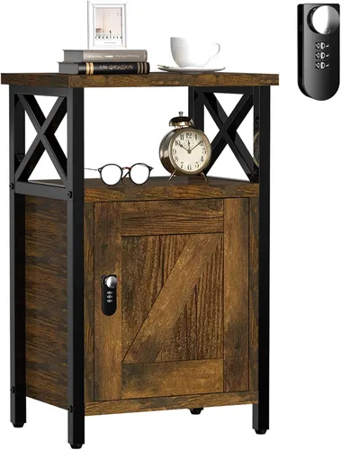 Miniatura 10 de runjuly Mesita de noche de madera con cerradura, mesa auxiliar de cama con cajones, mesita de noche con estación de carga, 3 USB y 2 tomas, mesita