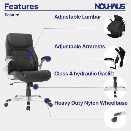 Miniatura 4 de Nouhaus +Posture Silla ergonómica de oficina de cuero PU. Soporte lumbar Click5 con apoyabrazos FlipAdjust. Silla ejecutiva moderna y silla de Negro