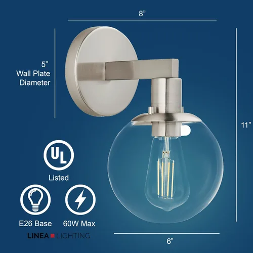 Miniatura 3 de Linea di Liara Aplique de pared de níquel cepillado con forma de globo de cristal, apliques de pared modernos de mediados de siglo, apliques