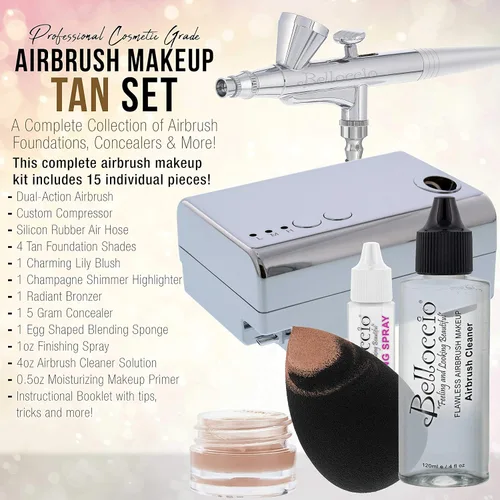 Miniatura 2 de Belloccio - Sistema de maquillaje profesional para aerógrafo de belleza con 4 tonos medianos de base en botellas de 1/4 onza – el kit incluye rubor