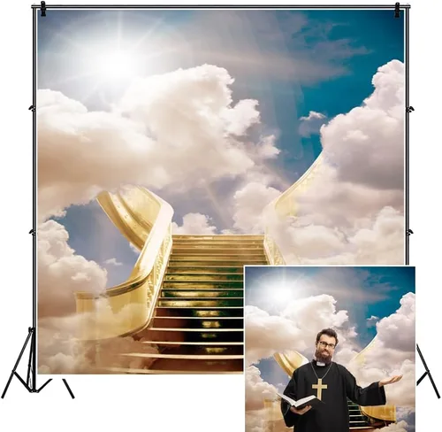 Telón de fondo de escalera al cielo enviado de 4 x 4 pies para sesión de fotos, escaleras del paraíso, nubes sagradas, telón de fondo de fotografía