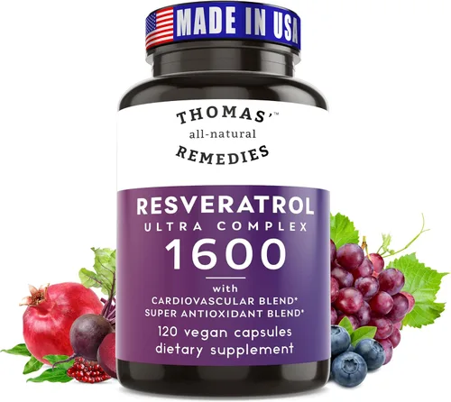 Thomas' all-natural Remedies Resveratrol 1600mg Suplemento antioxidante orgánico Trans-Resveratrol con extracto de semilla de uva orgánico y