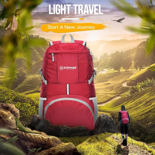 Miniatura 6 de ZOMAKE Mochila Ligera Empacable de 35L, Mochilas Ligeras Plegables Resistentes al Agua Bolsa de Senderismo Colapsible, Paquete de Día Plegable Rojo