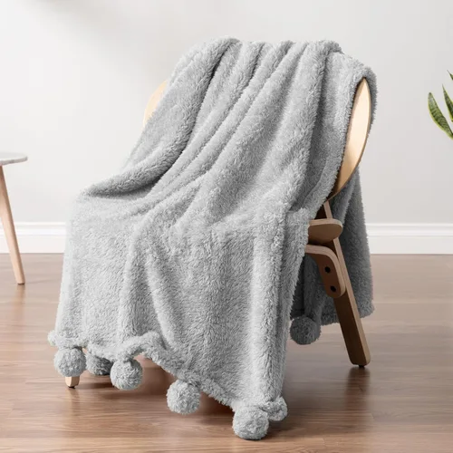 Miniatura 14 de PAVILIA Manta de sherpa negra para sofá, cálida manta de felpa con pompones, manta mullida para sofá, ligera, suave y acogedora con pompones, 50 x