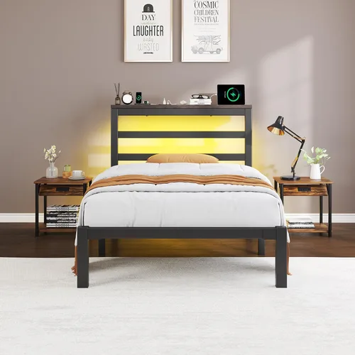 Miniatura 7 de E-Motie Marco de cama tamaño doble con cabecera de almacenamiento, plataforma industrial con estación de carga y luces LED, espacio