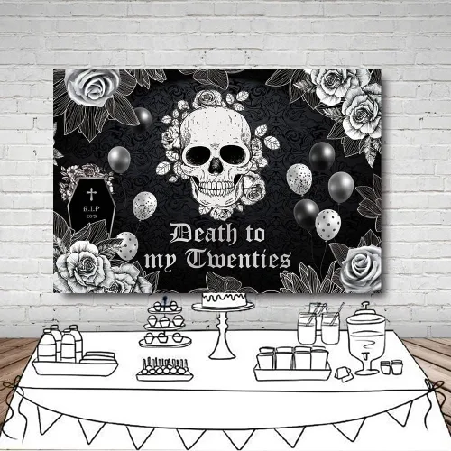 Miniatura 4 de MEHOFOND Telón de fondo de 7 x 5 pies de muerte a mis veinte para fiesta de cumpleaños de 30 años RIP to My 20s funeral gótico calavera rosa negra
