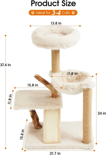 Miniatura 3 de Letkind Torre moderna para gatos de 38 pulgadas para gatos grandes de interior, perches-torre de madera maciza natural para gatos con poste rascador
