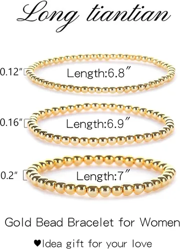 Miniatura 6 de Long tiantian Pulsera de cuentas de oro para mujer, pulseras apilables de cuentas doradas, pulsera elástica de 3 piezas, pulsera de cuentas