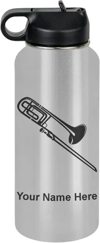 Miniatura 77 de LaserGram Botella de agua personalizada, trombón, acero inoxidable de doble pared aislada al vacío con popote superior, regalo grabado personalizado