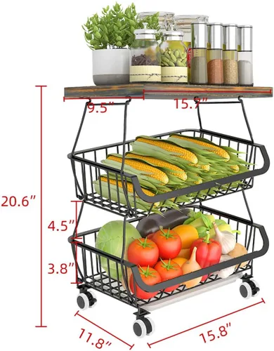 Miniatura 2 de Cestas apilables de almacenamiento de cocina con mesa de metal para frutas, verduras, estante organizador, carrito rodante para cocina, despensa