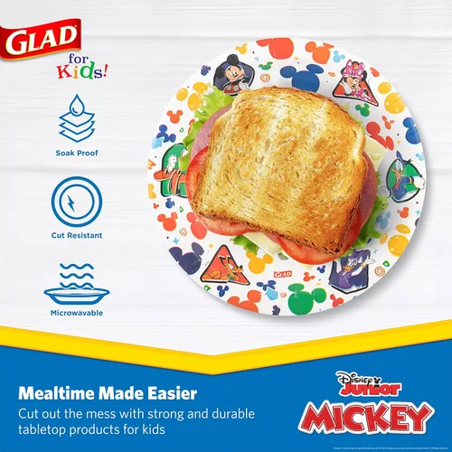 Miniatura 3 de Glad para Niños Platos de Papel Desechables de Disney Mickey y sus Amigos - Resistentes, A Prueba de Remojo, Aptos para Microondas, Platos