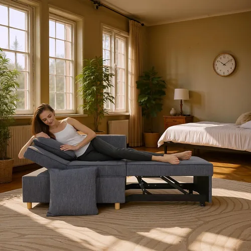 Miniatura 3 de SEJOV Sofá Cama Convertible 4 en 1 Sofás y Sillones, Sofá de 3 Asientos de Tela de Lino con 2 Almohadas Decorativas, Sillón Reclinable Individual