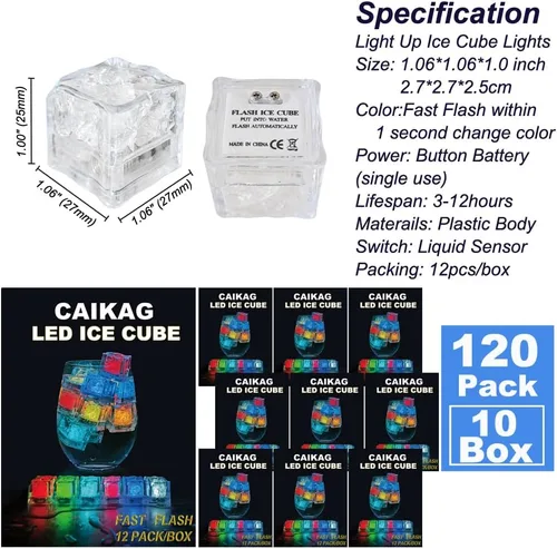 Miniatura 4 de Paquete de 120 cubitos de hielo iluminados, cubitos de hielo LED que brillan para bebidas con sensor de líquido, luces LED impermeables multicolor