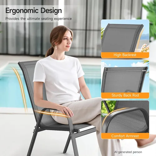 Miniatura 7 de ONBRILL Juego de 4 sillas de patio, sillas de comedor apilables de fácil montaje con asiento ancho y marco de metal resistente, sillas de textileno