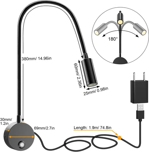 Miniatura 5 de Luz de lectura LED montada en la pared con cuello de cisne flexible de 15 pulgadas, luz de libro regulable para leer en la cama con puerto de carga