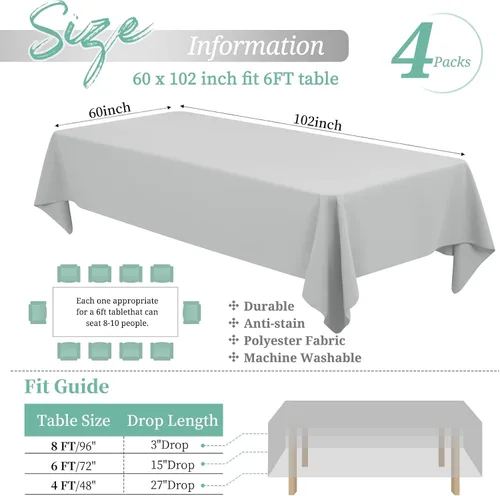 Miniatura 2 de Showgeous Paquete de 4 manteles rectangulares de poliéster de 60 x 102 pulgadas, resistentes a las arrugas, lavables, para bodas, mesas de comedor