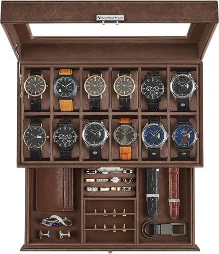 Miniatura 43 de SONGMICS UJWB012 - Caja de reloj de 12 ranuras, caja de reloj con cerradura con tapa de vidrio, 2 capas, con 1 cajón para anillos, pulseras, idea