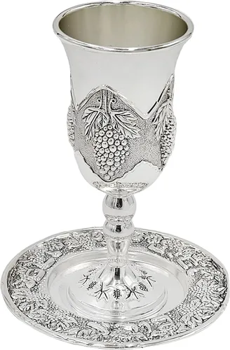 Miniatura 6 de The Dreidel Company Taza alta de Kidush con diseño de uva, copa chapada en plata de primera calidad, copa de shabat y Havdalah, Judaica Shabbos