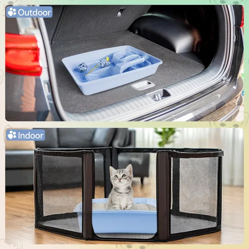 Miniatura 6 de PAWISE Juego de 5 piezas de caja de arena para gatos recién nacidos, bandeja de arena para gatos poco profundos, cuencos de alimentación, kit de Azul