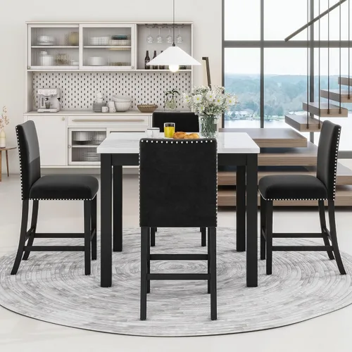 Miniatura 2 de RuiSiSi Juego de mesa de comedor de 5 piezas para 4 personas, mesa de cocina con parte superior de mármol sintético con 4 sillas tapizadas
