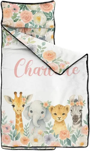 Miniatura 5 de Tapete personalizado para siesta para niños pequeños con funda de almohada y manta, sacos de dormir de animales florales con nombre personalizado