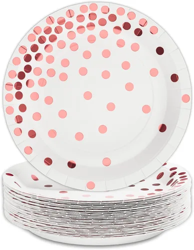 DYLIVeS 80 platos de papel de oro blanco y rosa, de 7 pulgadas, con lunares metálicos, desechables, platos de fiesta de postre, suministros de