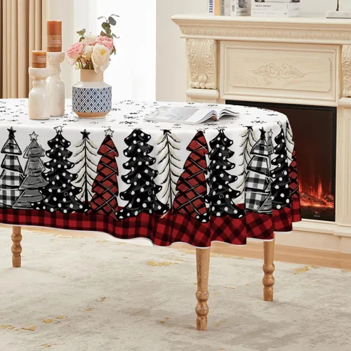 Miniatura 9 de Horaldaily Mantel de Navidad 52×70 Pulgadas, Mantel de Árboles de Navidad a Cuadros de Búfalo Rojo Lavable para Decoración de Fiesta, Picnic, Cena