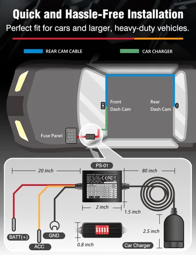 Miniatura 5 de MASIGO Kit de cable rígido para cámara de tablero con enchufe de cargador de automóvil, compatible con USB-C, protección de bajo voltaje y ajustes