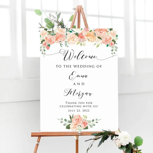 Miniatura 17 de Cartel de bienvenida de boda floral azul claro personalizado, cena de ensayo para parejas, ducha, aniversario, fiesta, póster de bienvenida, lienzo