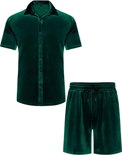 Miniatura 24 de LecGee Conjunto de pantalones cortos casuales de verano para hombre, camisa de terciopelo de manga corta con botones, pantalones cortos de cintura
