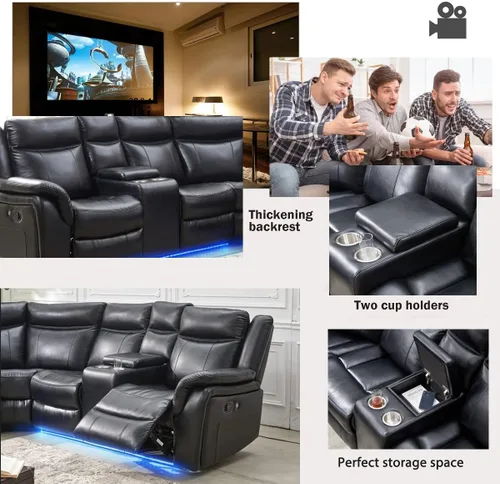 Miniatura 5 de Juego de sofá seccional reclinable manual con tiras LED, sofá esquinero reclinable de piel sintética de primera calidad con consola y portavasos