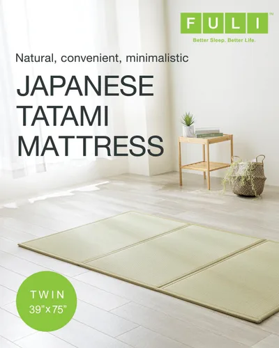 Miniatura 3 de FULI Colchón de tatami japonés, tapete Igusa (hierba 100% japonesa Rush) se pliega en tres, fabricado en Japón (natural, individual)