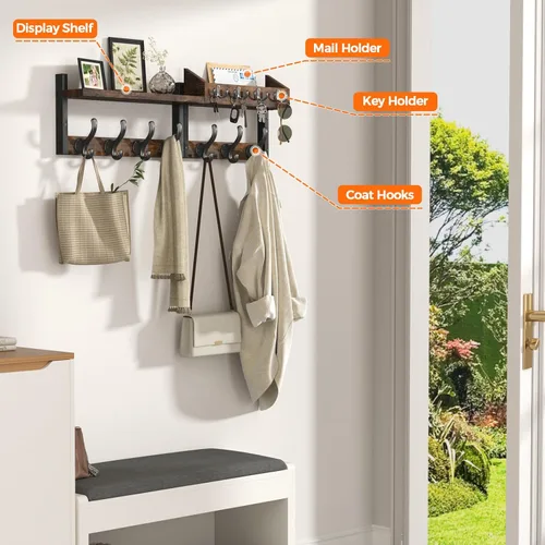 Miniatura 4 de Evermagin Perchero de Pared de 29" con Estante, Perchero y Colgador de Llaves 4 en 1 con 11 Ganchos de Metal, Estante de Entrada Montado en la Pared