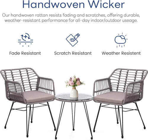 Miniatura 7 de KROFEM - Juego de 3 piezas de muebles de mimbre para patio estilo bistró, incluye 2 sillas de ratán y mesa con tapa de vidrio, ideal para porche