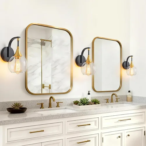 Miniatura 5 de Lámpara de pared de baño de 1 luz, lámpara de pared negra y dorada con pantalla de vidrio transparente, lámpara de pared moderna para interiores