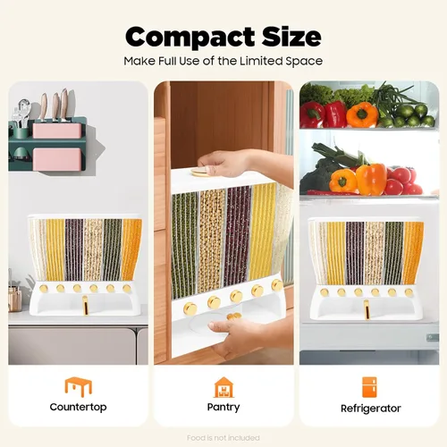 Miniatura 3 de Dispensador de alimentos secos, dispensador de 6 granos de rejilla montado en la pared, dispensador de granos con taza medidora, organizador