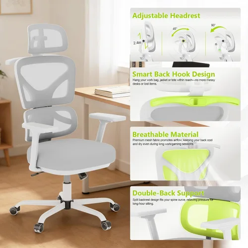 Miniatura 3 de Silla de oficina ergonómica de malla con soporte lumbar y reposacabezas, silla de computadora con respaldo alto con reposabrazos y bloqueo de negro