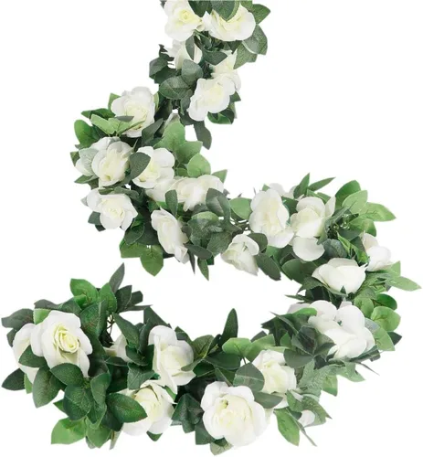 Miniatura 10 de LESING Guirnalda de rosas artificiales, 4 unidades (28.8 pies), guirnalda de flores de seda falsa con plantas verdes, guirnaldas de flores colgantes