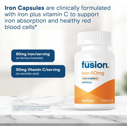 Miniatura 5 de Bariatric Fusion Suplemento de hierro de 60 mg con vitamina C Cápsula fácil de tragar Vitaminas fumarato ferroso para mujeres y hombres Sin