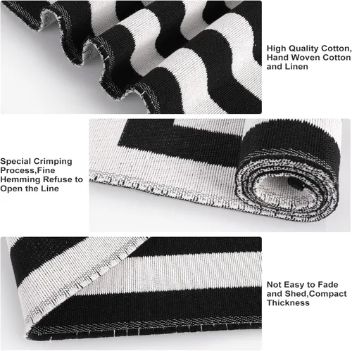 Miniatura 4 de LEEVAN Alfombra de algodón tejido a rayas en blanco y negro de 3 x 5 pies, reversible, plegable, lavable, para interiores y exteriores, alfombra