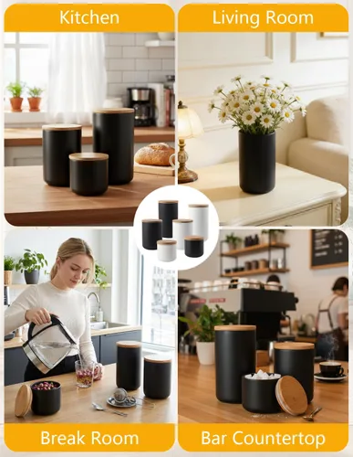 Miniatura 6 de YYW Recipientes de cerámica para almacenamiento de alimentos, recipientes de cocina con tapa hermética para granos de café, azúcar y especias Negro