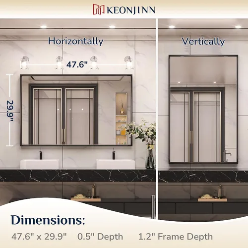 Miniatura 9 de Keonjinn - Espejo con Marco Negro para Baño de 48 x 30 Pulgadas, Espejo Grande de Baño con Marco de Metal Negro Mate, Rectangular, para Pared