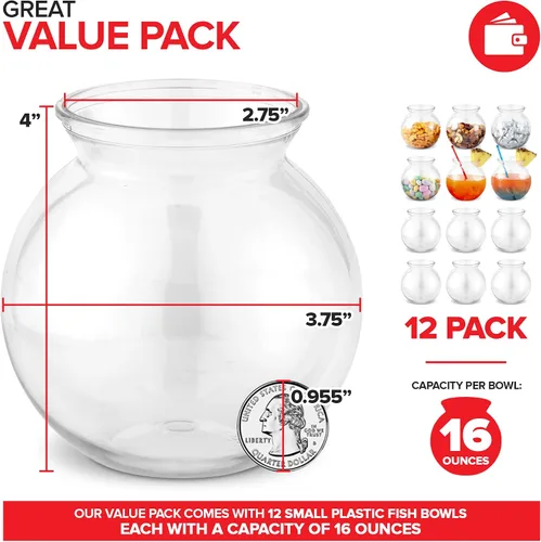 Miniatura 2 de Cuencos pequeños redondos de plástico para fiestas (paquete de 12) mini tazón transparente de 16 onzas, vasos inastillables para bebidas, centros