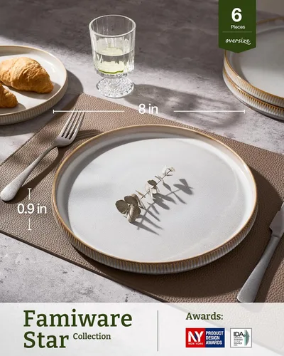 Miniatura 3 de famiware Star Platos de Ensalada para 6, Juego de Platos de 8 Pulgadas, Vajilla de Gres, Platos Pequeños para Postre, Ensalada, Aperitivo, Blanco