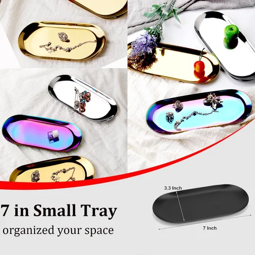 Miniatura 2 de Bandeja decorativa de acero inoxidable, juego de 2, 7 pulgadas de largo, organizador de cosméticos para joyas, bandeja de almacenamiento pequeña
