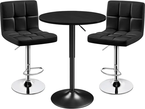 Miniatura 9 de Yaheetech Mesa redonda de bar de 3 piezas y sillas giratorias ajustables de piel sintética, juego de mesa moderno de altura de mostrador con 2 Negro