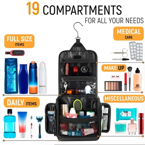 Miniatura 7 de Neceser de viaje para hombres y mujeres (10.6 x 10.6 x 3.2 pulgadas), organizador grande de artículos de tocador colgantes, bolsa de higiene L Negro